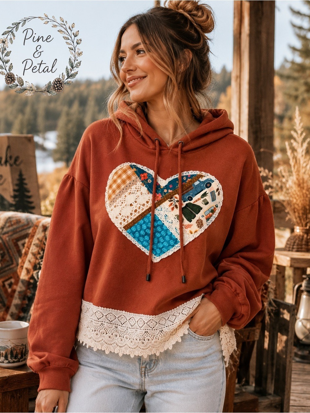 Upcycled Boho Patchwork Heart Crochet Hoodie Rust S OOAK